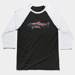 Trout Silhouette Fly Fishing Mountain Sunset River Stream Art Baseball T-Shirt